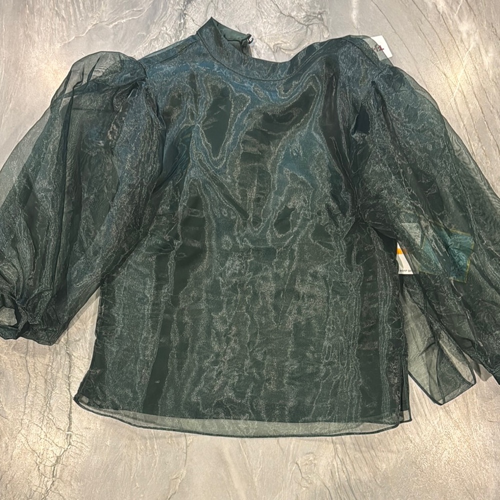 CeCe Emerald Sheer Puff Sleeve Blouse with Mandarin Collar